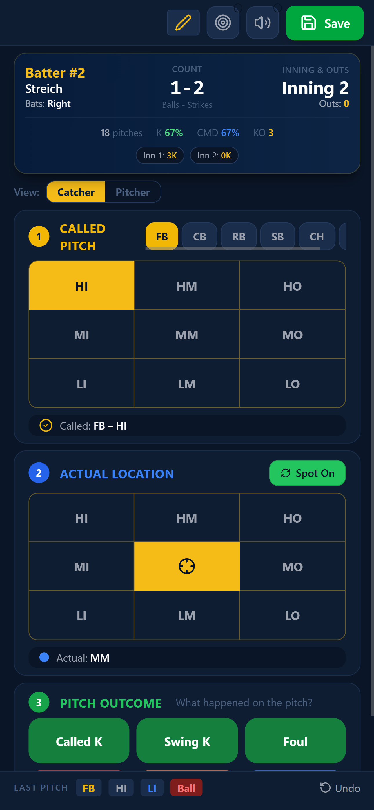 Game Day tracker — Batter info, called pitch selection (FB, CB, RB, SB, CH), 9-square grid, actual location tracking, and pitch outcome buttons (Called K, Swing K, Foul) with live strike % and command statistics