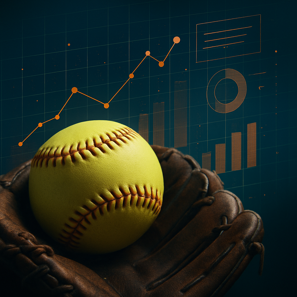 Softball in glove with data pathways